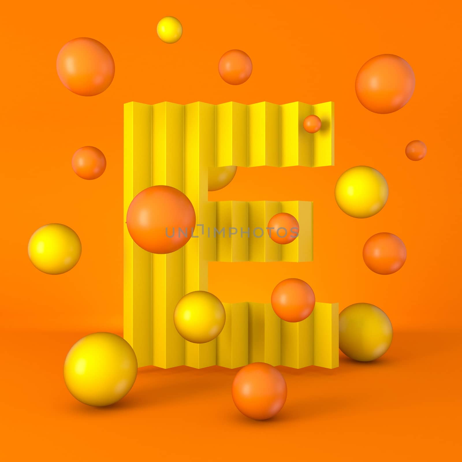 Warm minimal yellow sparkling font Letter E 3D render illustration isolated on orange background