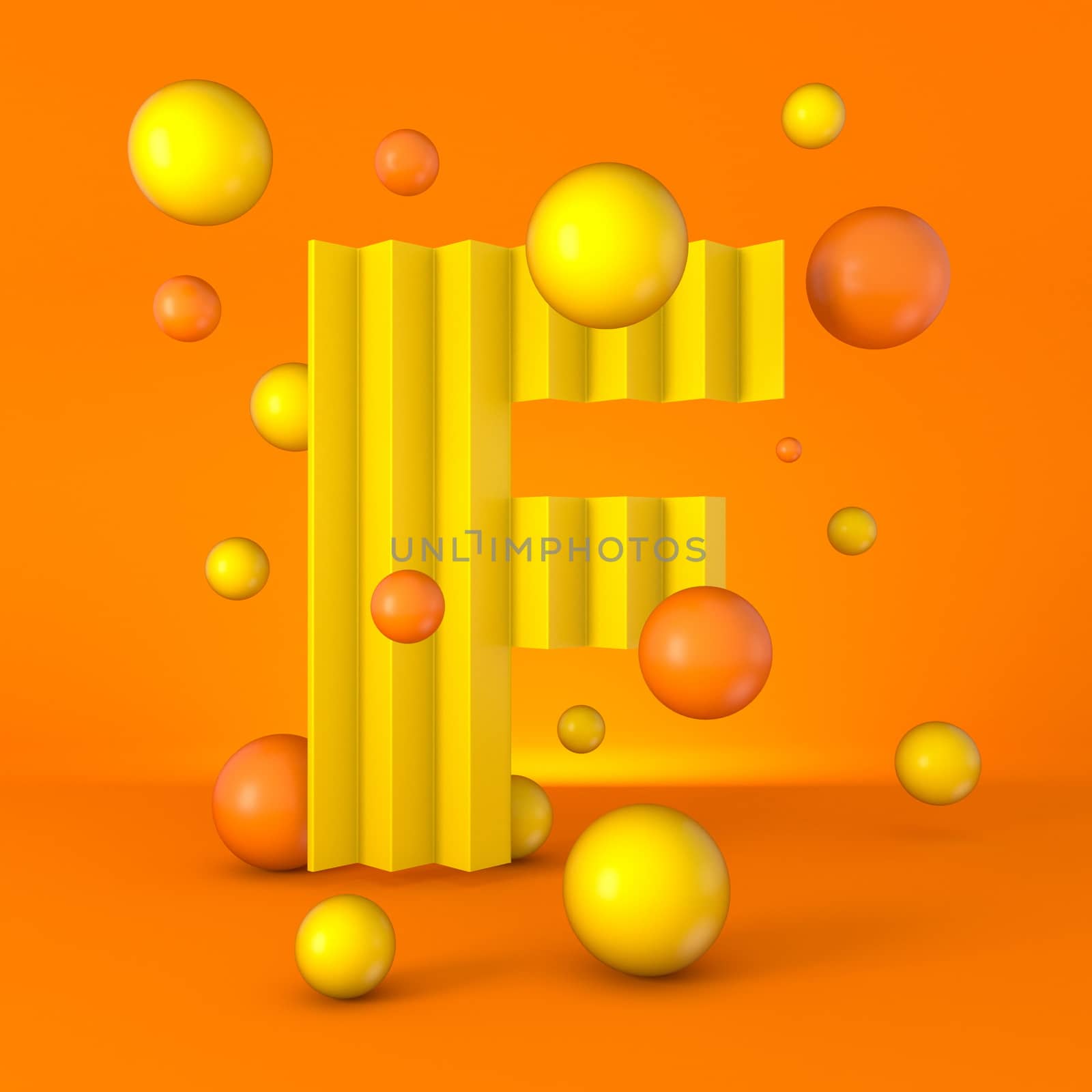 Warm minimal yellow sparkling font Letter F 3D render illustration isolated on orange background