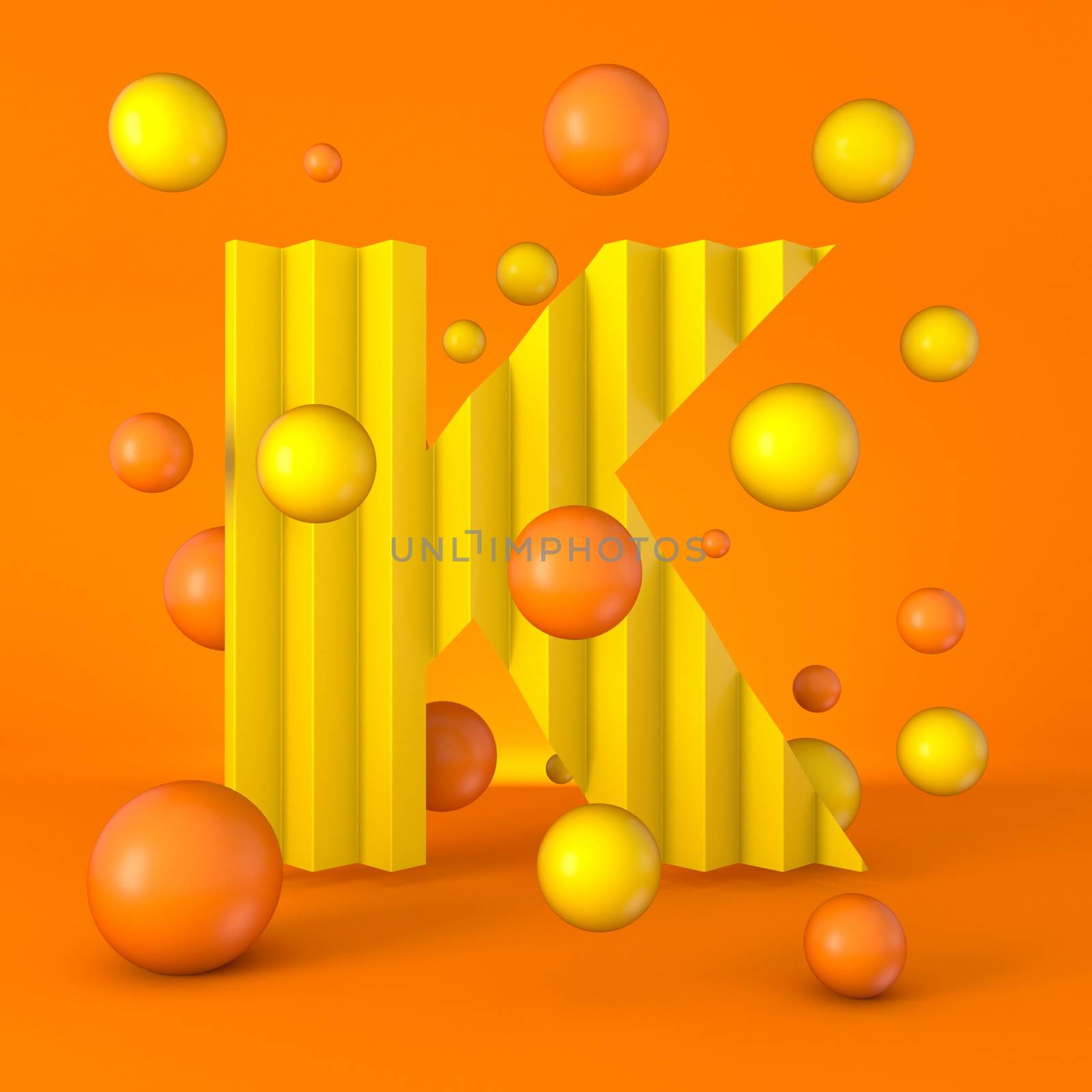 Warm minimal yellow sparkling font Letter K 3D render illustration isolated on orange background