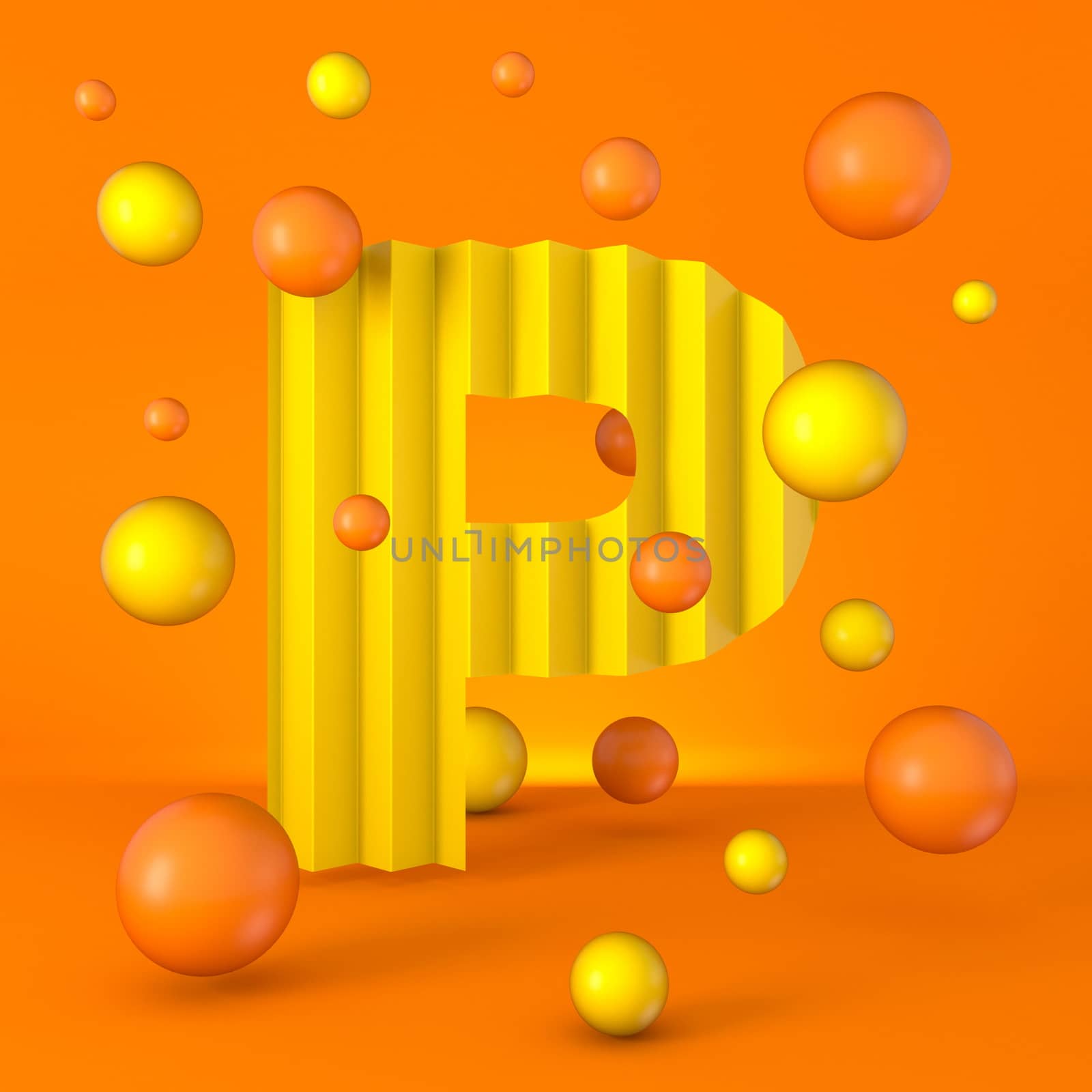 Warm minimal yellow sparkling font Letter P 3D render illustration isolated on orange background