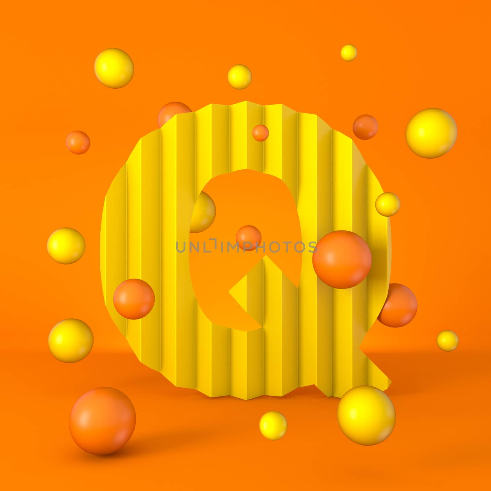 Warm minimal yellow sparkling font Letter Q 3D render illustration isolated on orange background