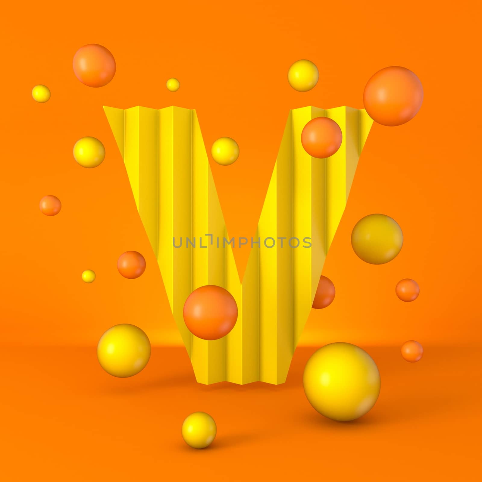 Warm minimal yellow sparkling font Letter V 3D render illustration isolated on orange background