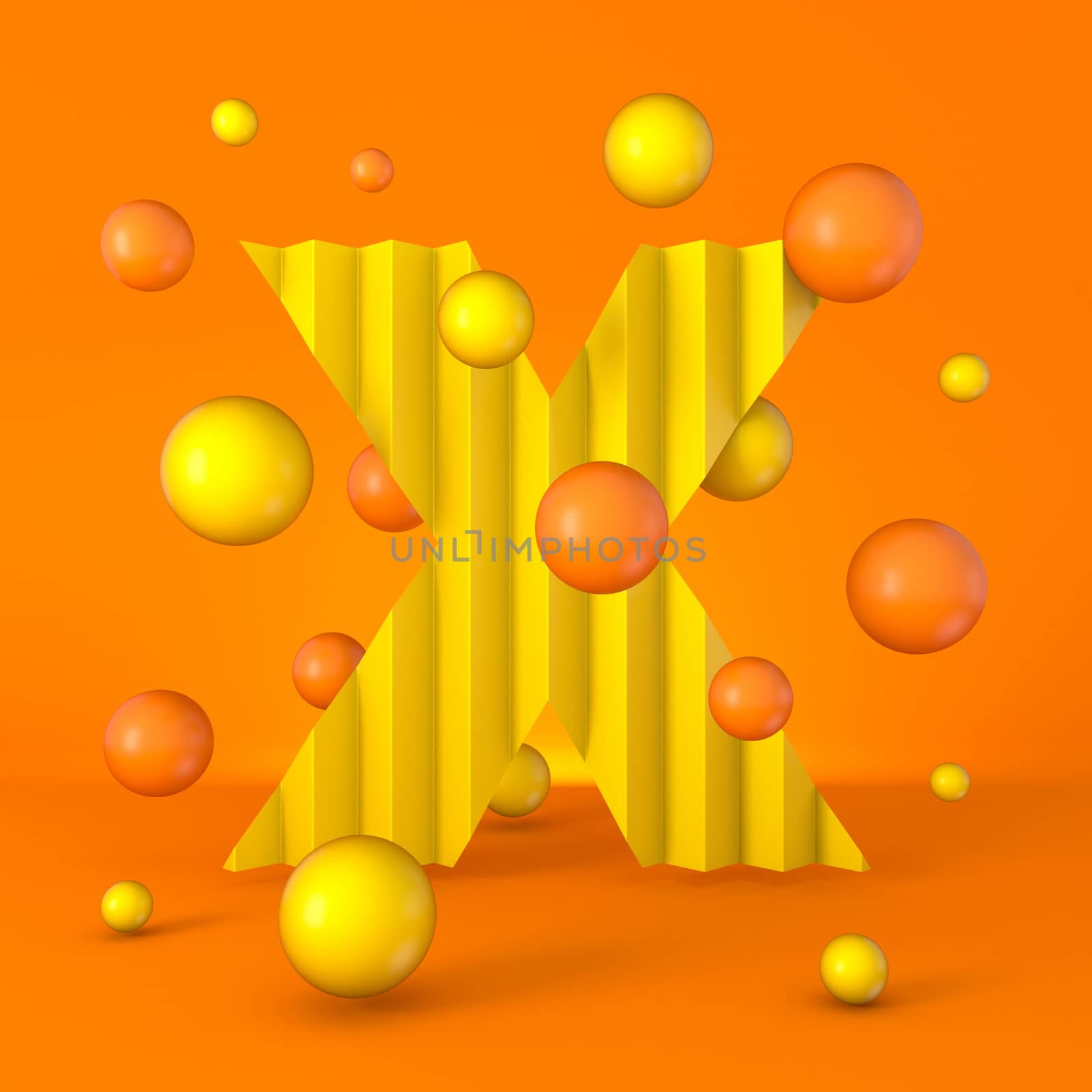Warm minimal yellow sparkling font Letter X 3D render illustration isolated on orange background