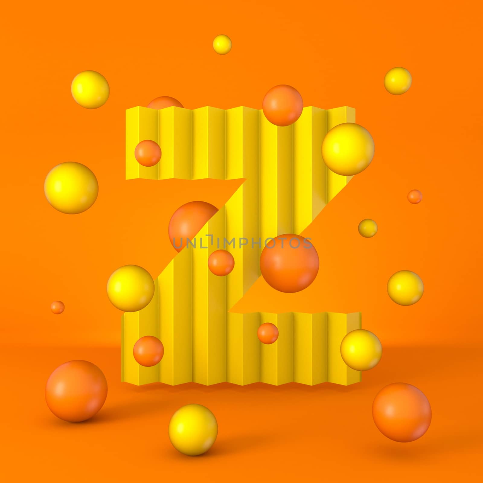 Warm minimal yellow sparkling font Letter Z 3D render illustration isolated on orange background