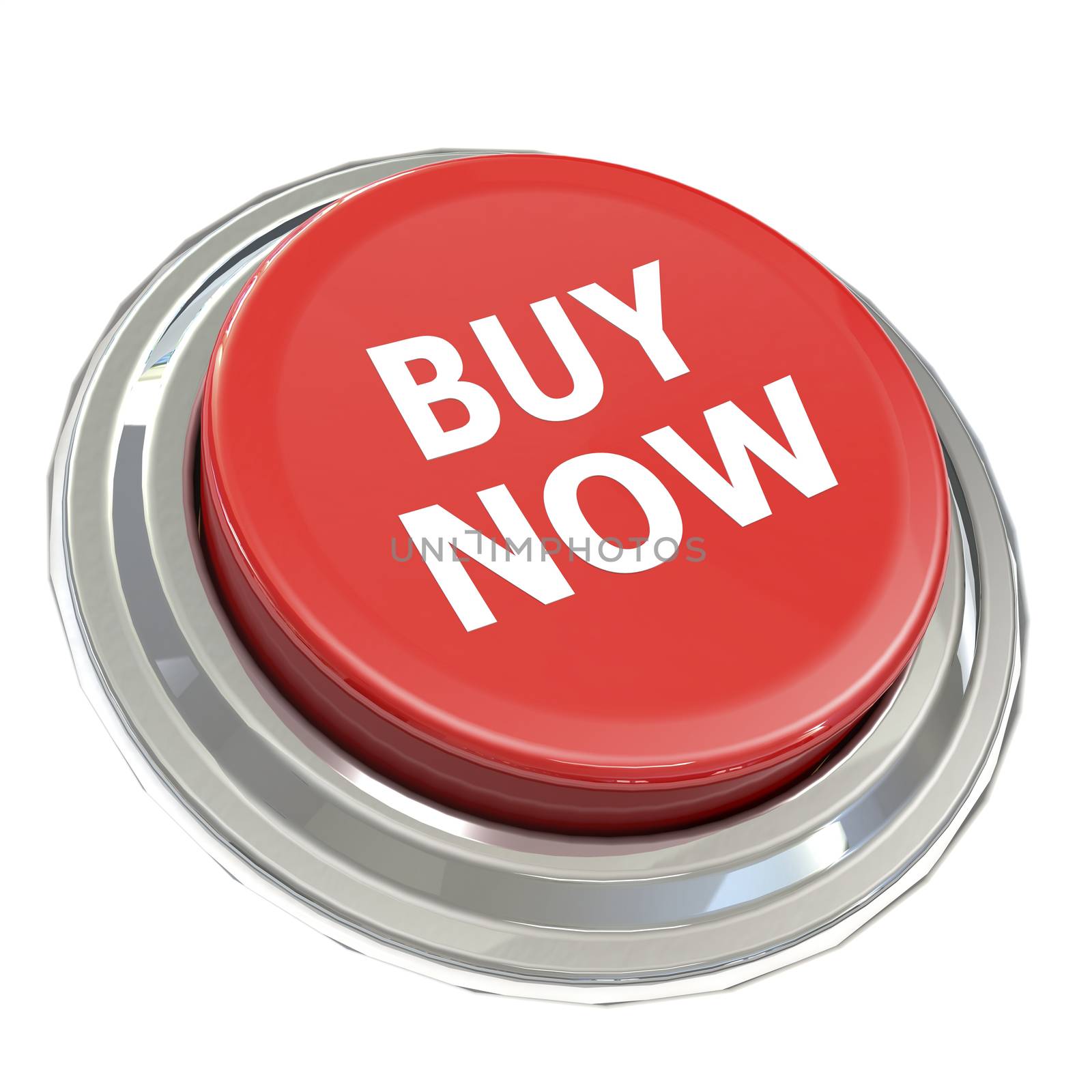 Red buy now button with metal ring, 3D rendering