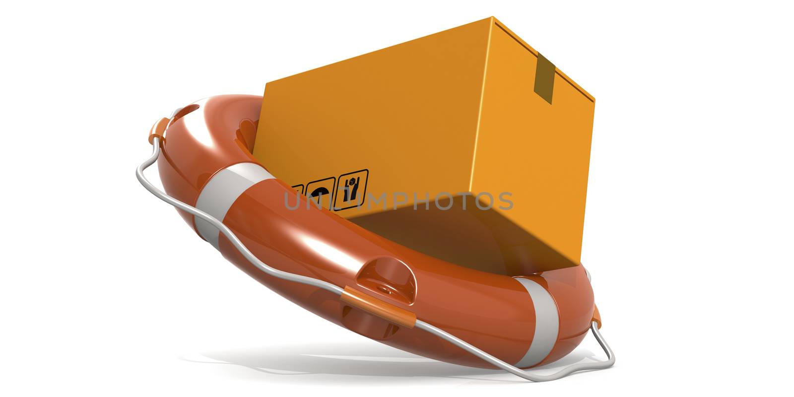 Cardboard box and lifebuoy isolated, 3D rendering