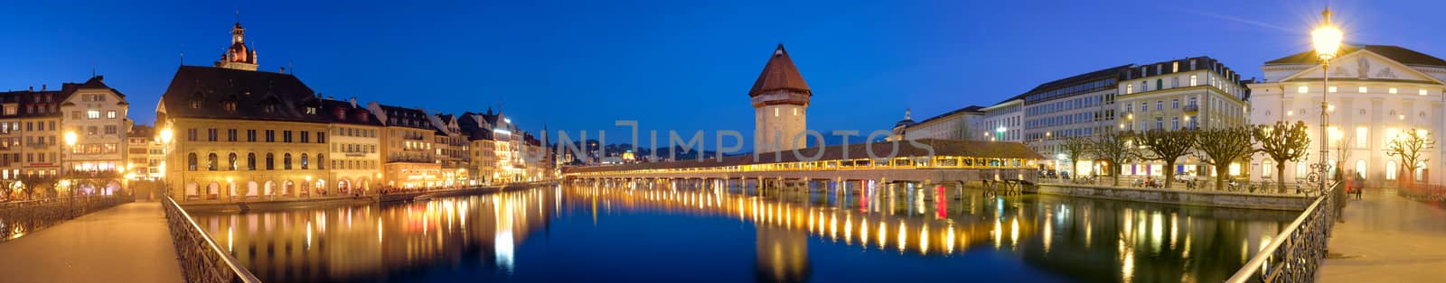 Nigth view of city center of Lucerne with famous Chapel Bridge a by Surasak