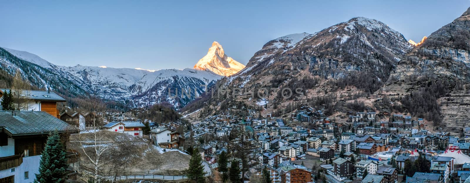 Beautiful view of old village in sunrise time with Matterhorn pe by Surasak