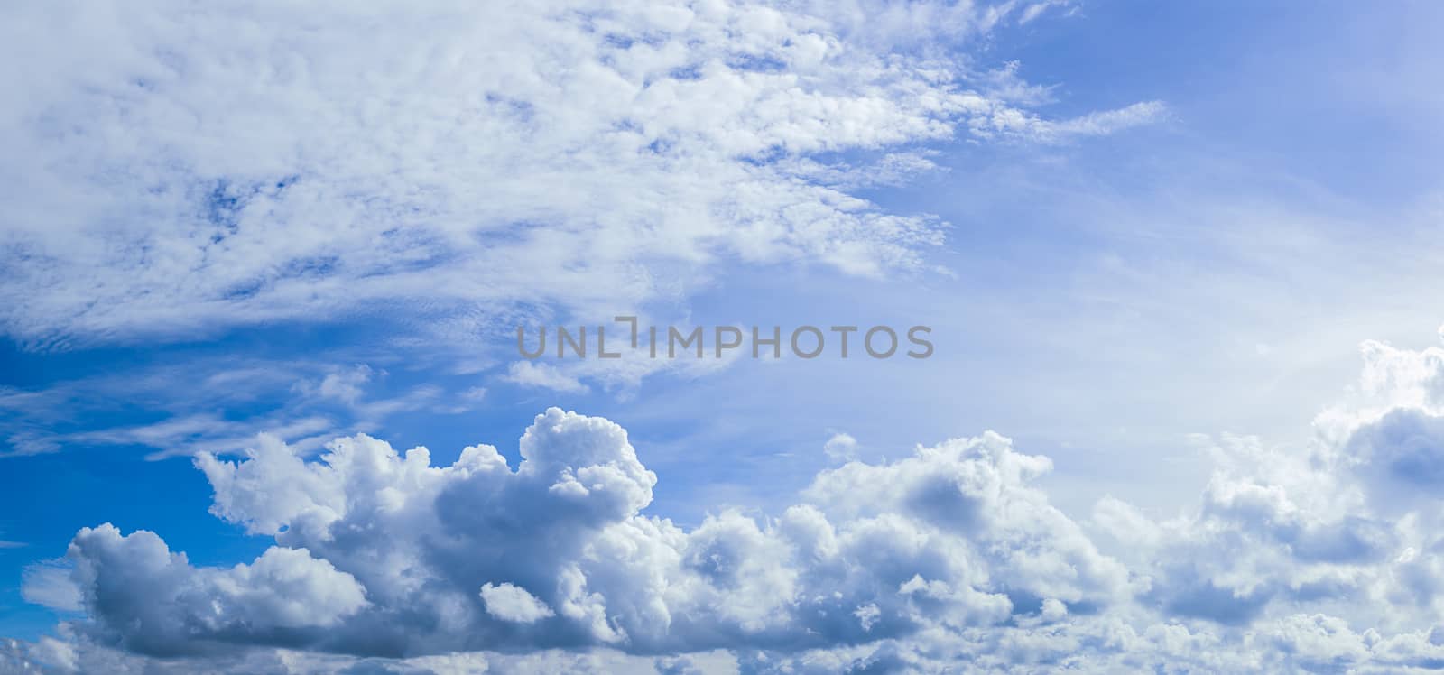 Fantastic soft clouds against blue sky, Panoramic white fluffy clouds in the blue sky