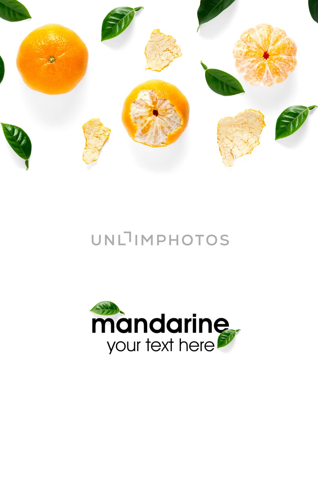Creative layout of mandarines. tangerines,Unpeeled and peeled ripe tangerines, mandarines, clementines with leaves isolated on white background. Modern flat lay in minimal style of orange citruces with sample text