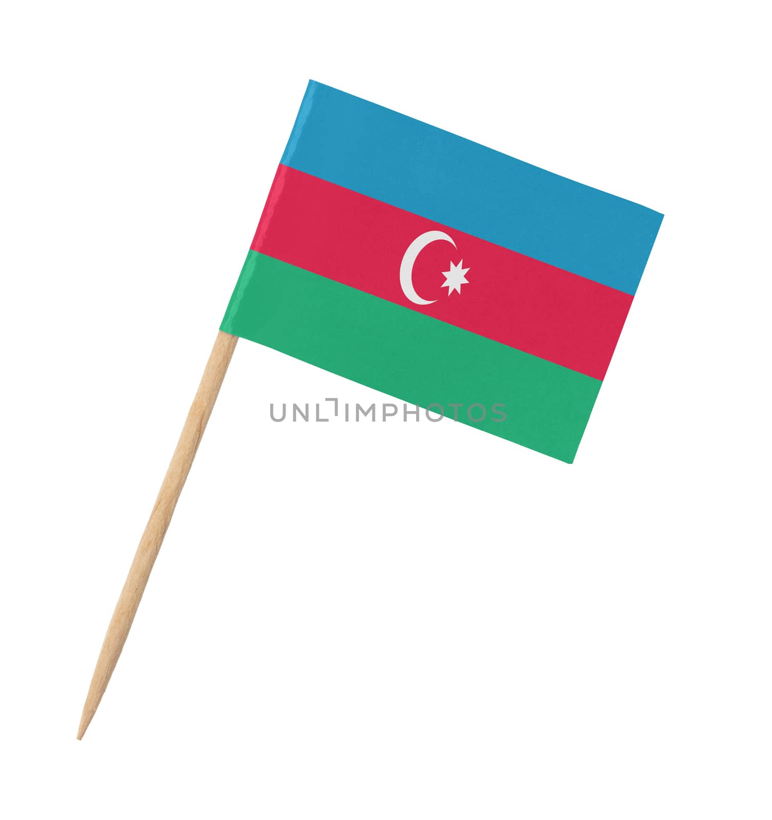 Small paper flag of Azerbaijan on wooden stick, isolated on white
