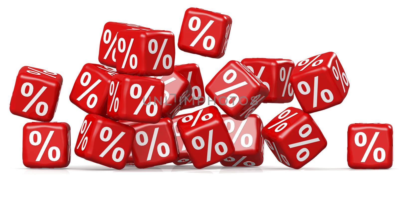 Red percentage cubes with discount concept, 3D rendering