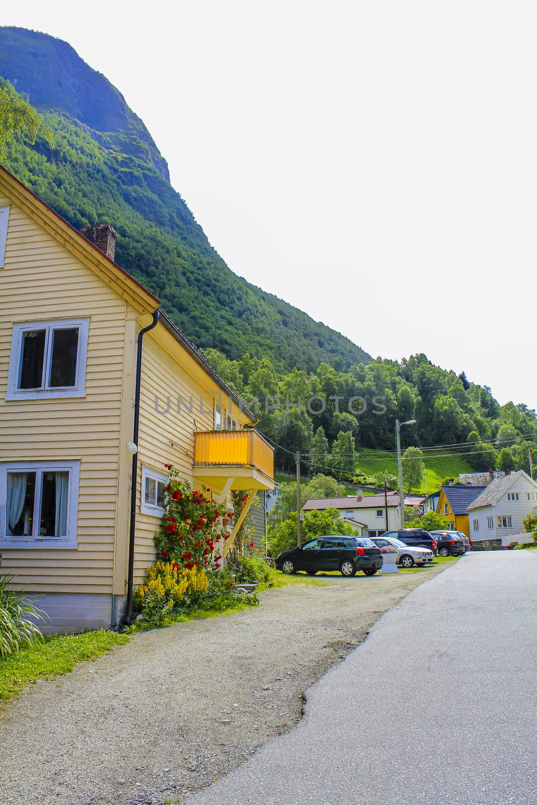 Colorful wooden houses and architecture Undredal village Aurlandsfjord Sognefjord Norway. by Arkadij