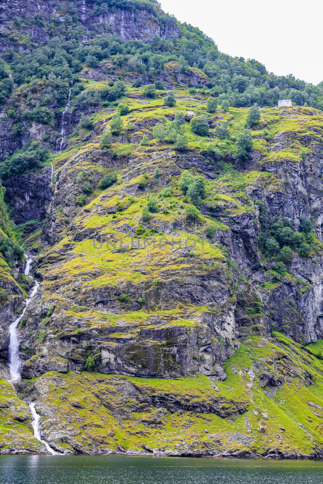 Waterfall in Aurlandsfjord Aurland Vestland Sognefjord in Norway.