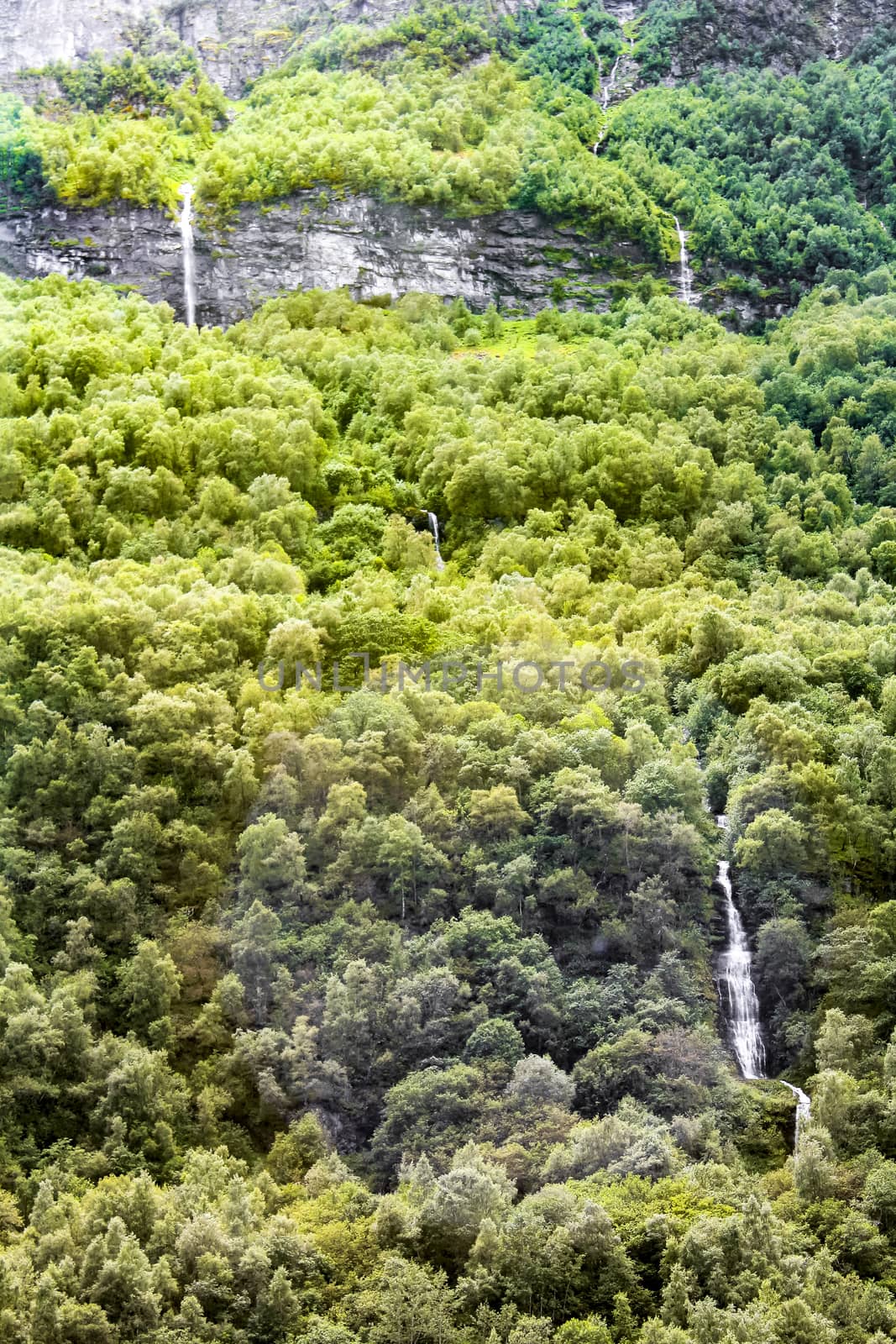 Waterfall in Aurlandsfjord Aurland Sognefjord in Norway. by Arkadij