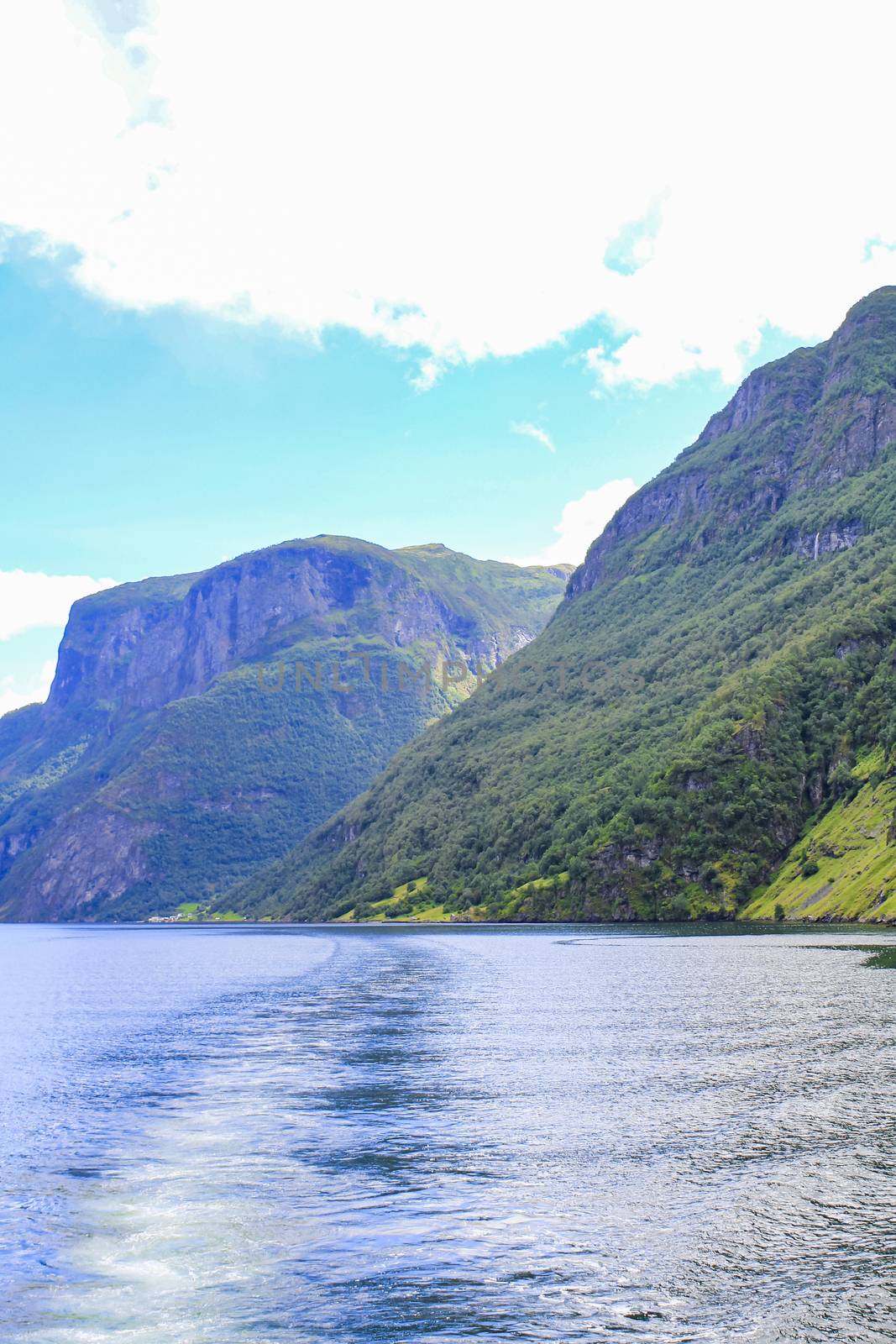 Norwegian beautiful mountain and fjord landscape in Aurlandsfjord Aurland Vestland Sognefjord in Norway.