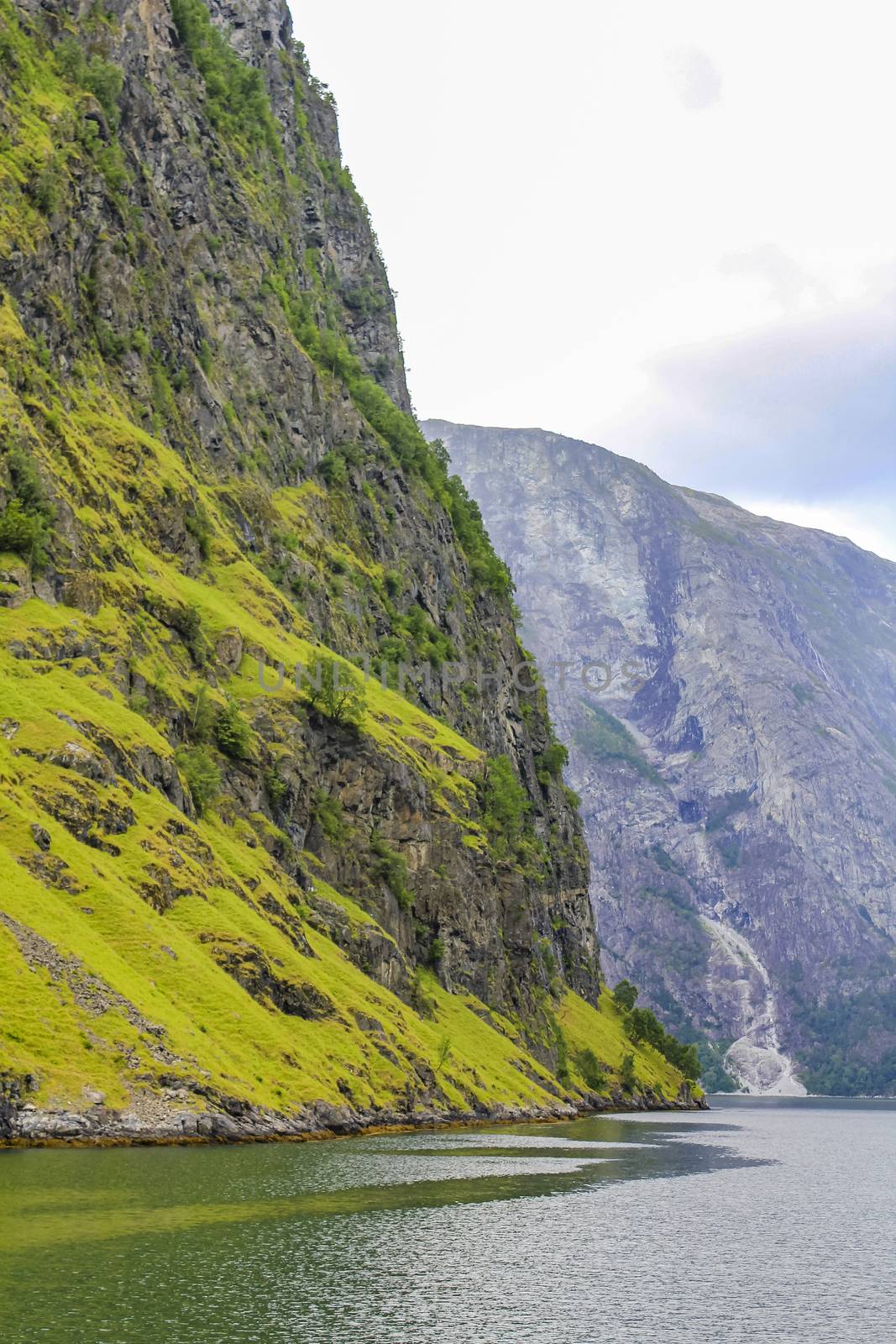 Norwegian beautiful mountain and fjord landscape in Aurlandsfjord Aurland Vestland Sognefjord in Norway.