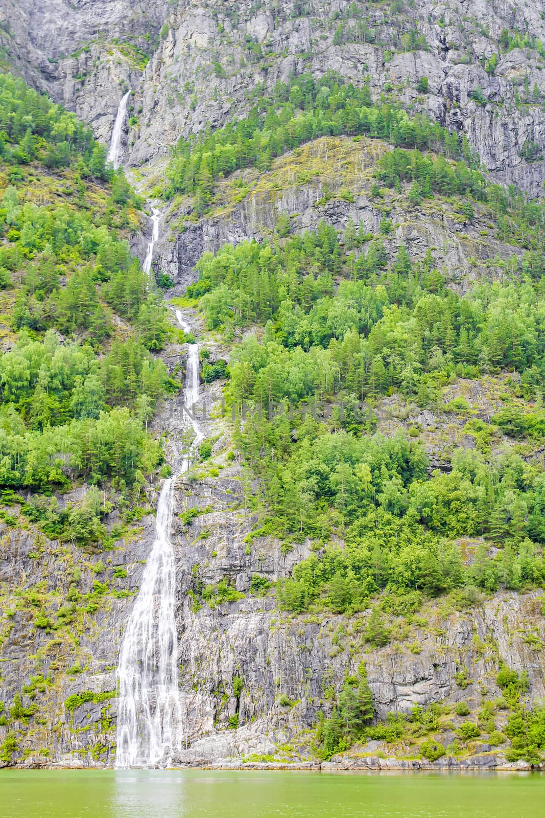 Waterfall in Aurlandsfjord Aurland Vestland Sognefjord in Norway.