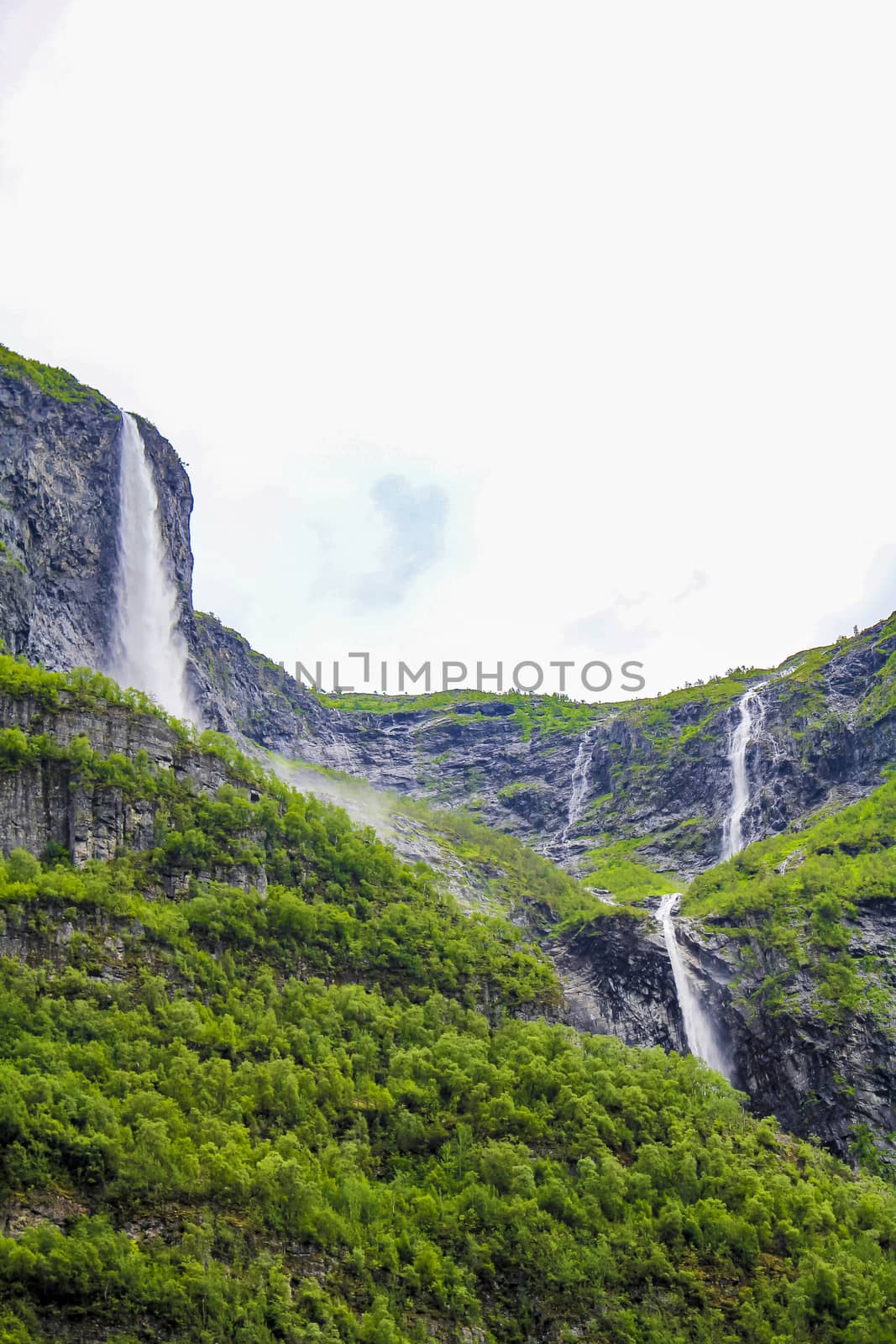 Waterfalls in Aurlandsfjord Aurland Vestland Sognefjord in Norway.