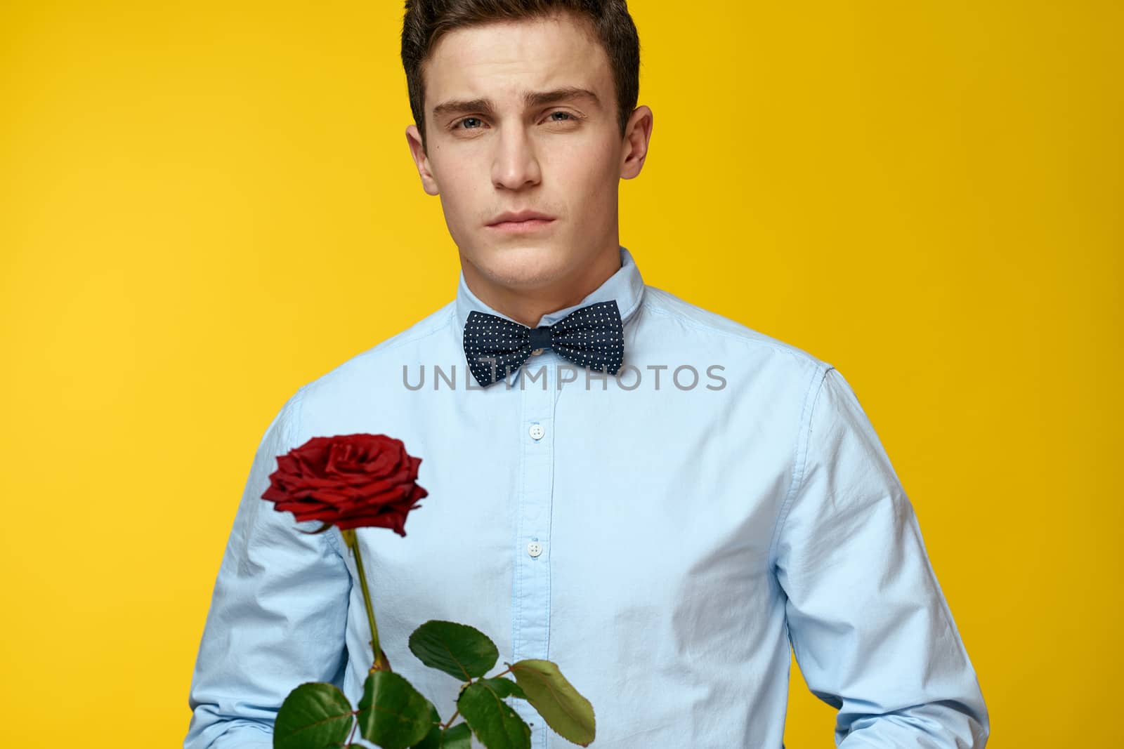 Portrait of a man with a red rose on a yellow background and a light shirt bow tie gentleman. High quality photo