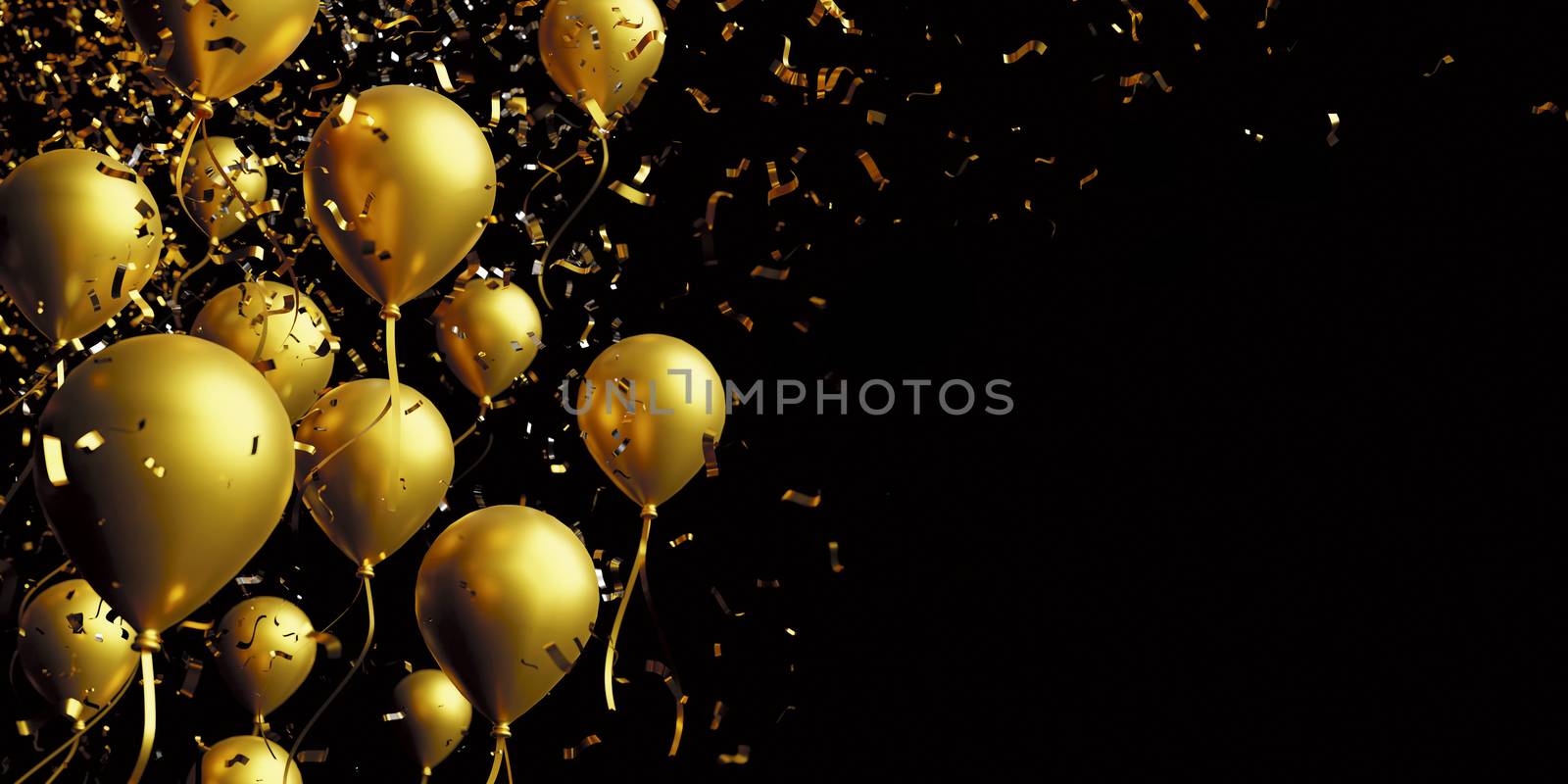 Gold balloon and foil confetti on black background with copy space 3d render