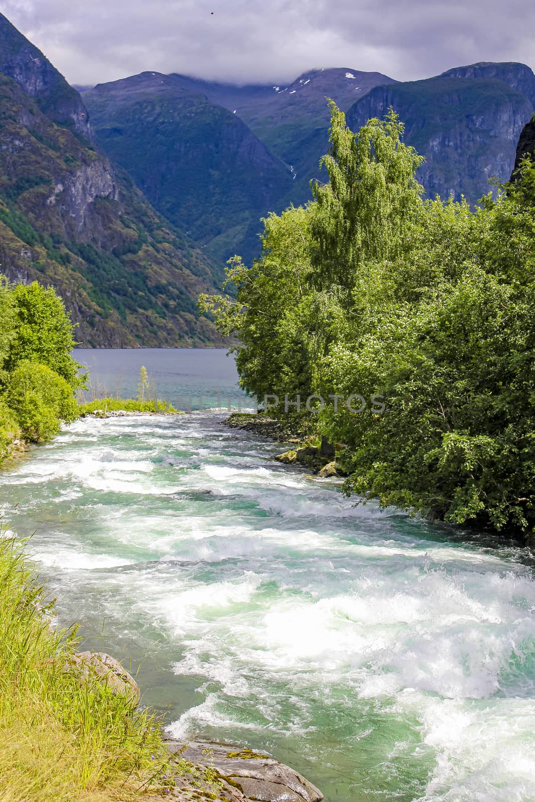 Turquoise water in the river in Undredal Aurlandsfjord Sognefjord Norway. by Arkadij