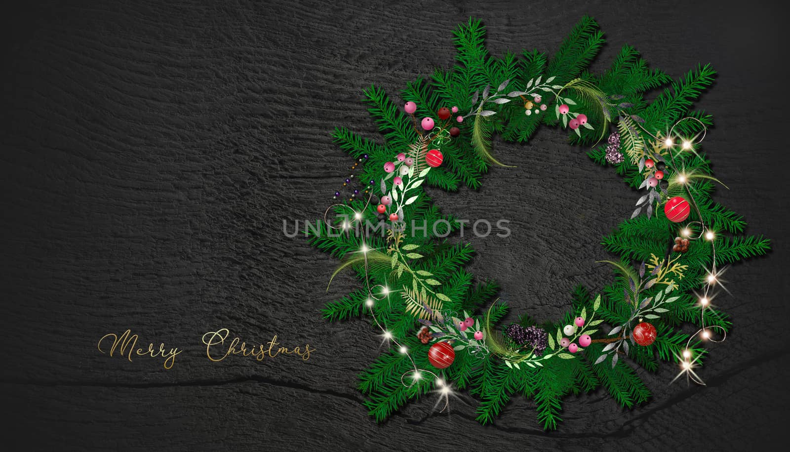 Christmas wreath on rustic wooden background with glowing lights, red balls. Golden text Merry Christmas. Place for text. 3D illustration