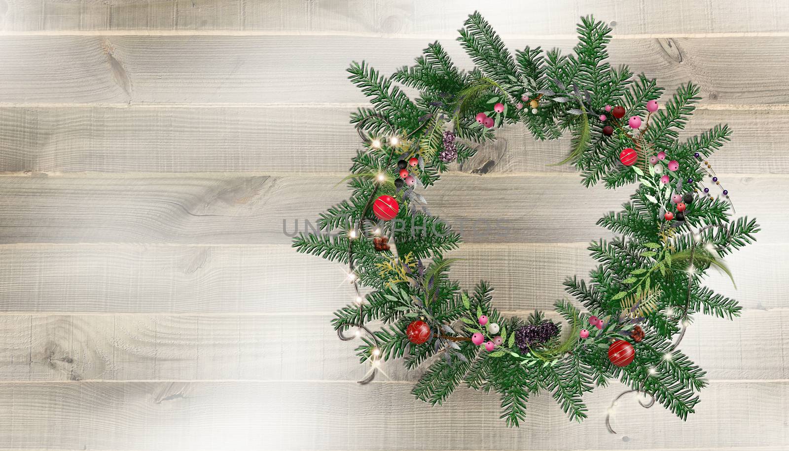 Christmas wreath with festive ornaments on rustic wooden background. Realistic 3D illustration. COpy space.