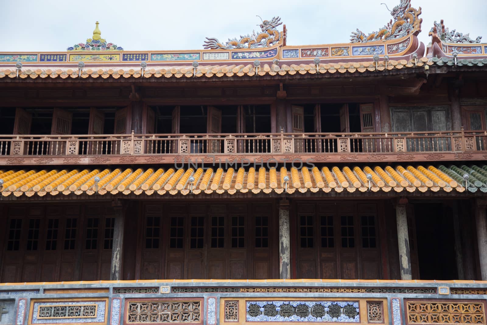 Hue, ancient capital of Vietnam. architecture detail of roofs and decorations by kgboxford