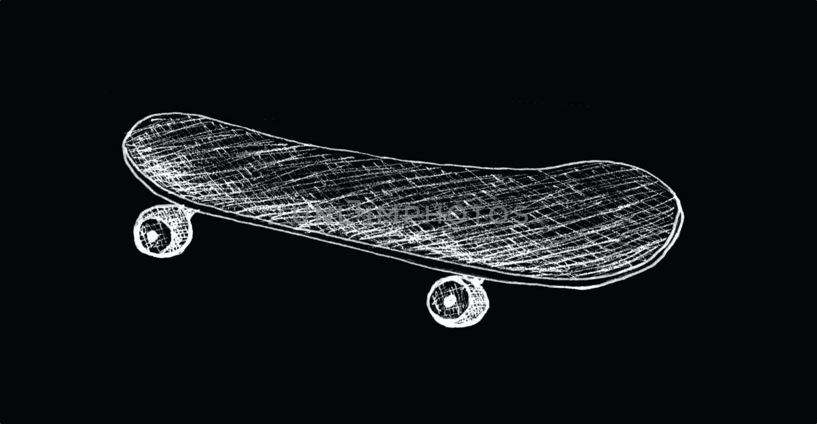Skateboard ,longboard, pennyboard isolated on black background. Engraved style illustration for poster, decoration or print. Hand drawn sketch. Detailed vintage etching drawing. 