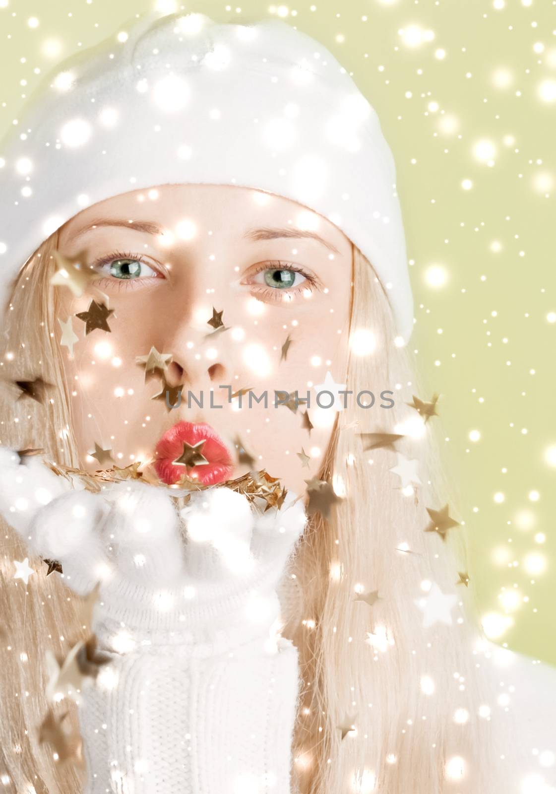 Christmas and glitter snow background, blonde woman with positive emotion in winter season for shopping sale and holiday brand by Anneleven