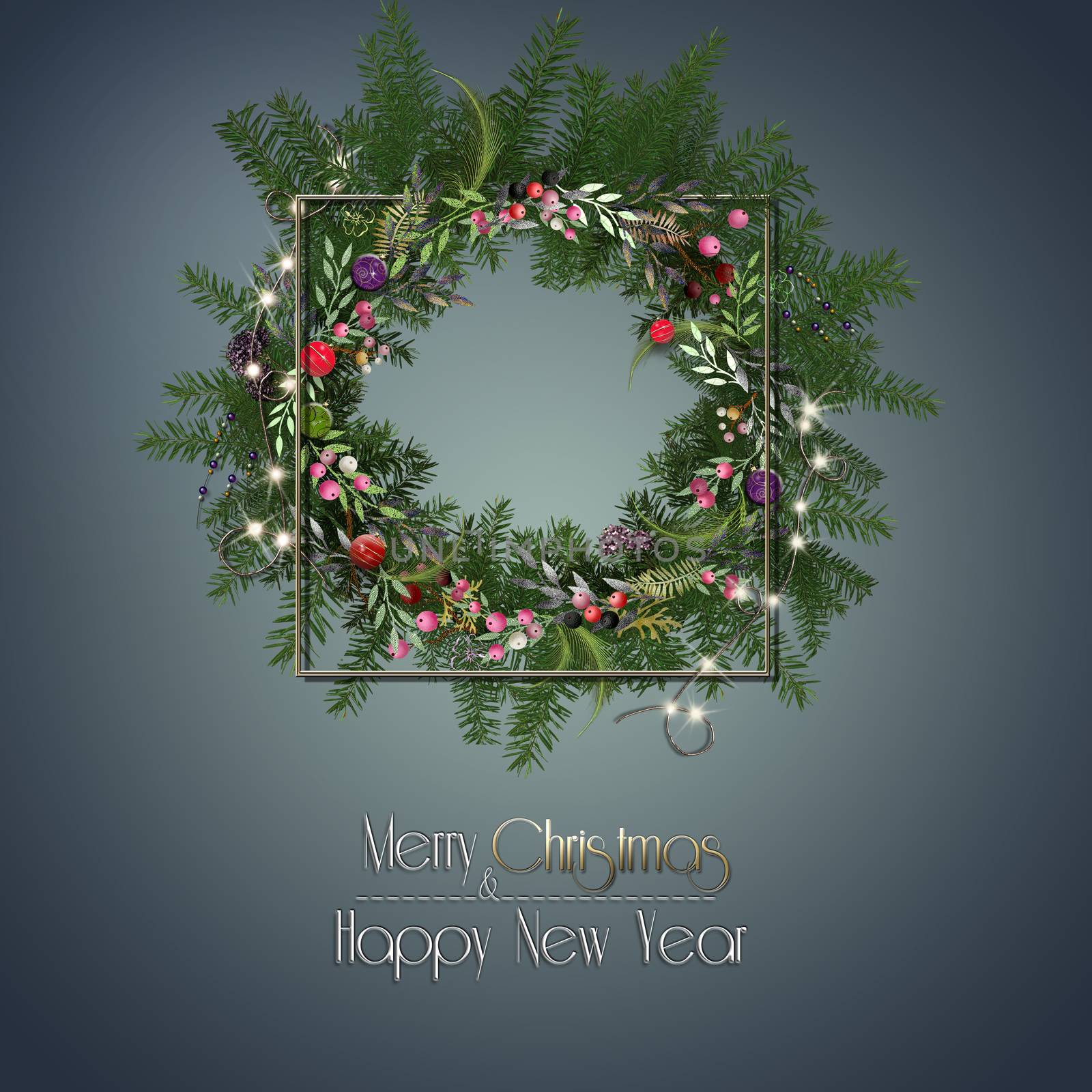 Christmas wreath for festive winter design. Blue pastel background. Text Merry Christmas Happy New Year. 3D illustration
