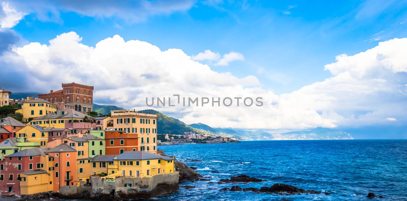 GENOA, ITALY - CIRCA AUGUST 2020: Boccadasse marina panorama, village on the Mediterranean sea with colourful houses.