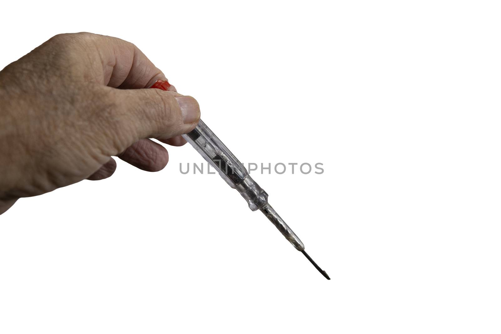 Screwdriver with indicator for determining the electrical phase isolated against a white background