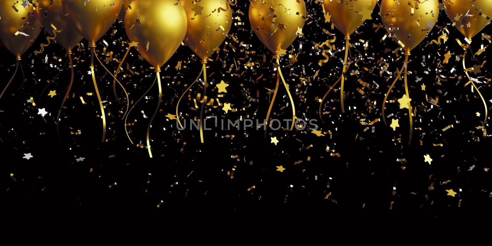 Gold balloon and foil confetti falling on black background with  by Myimagine