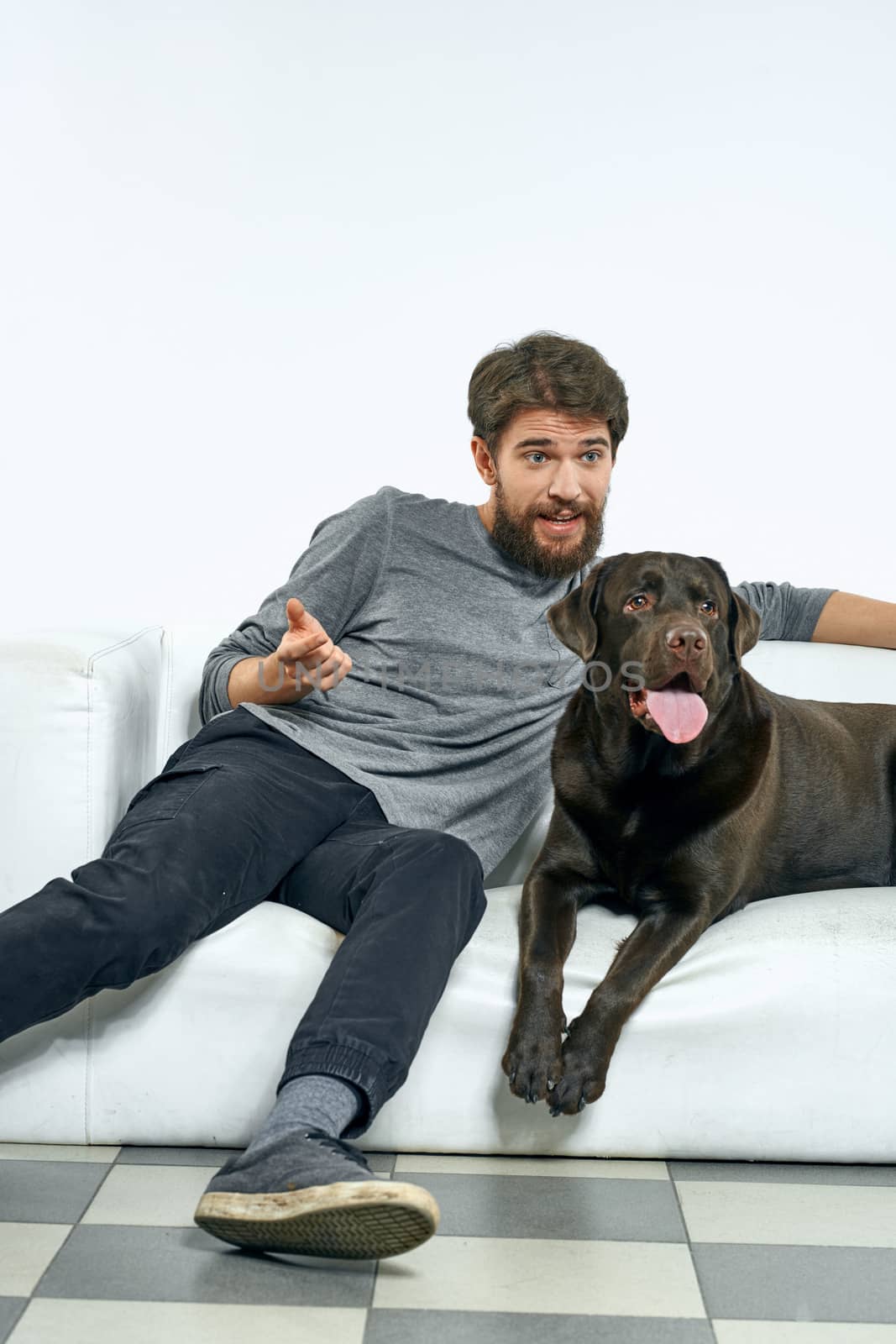 man with a black dog on a white sofa on a light background close-up cropped view pet human friend emotions fun. High quality photo