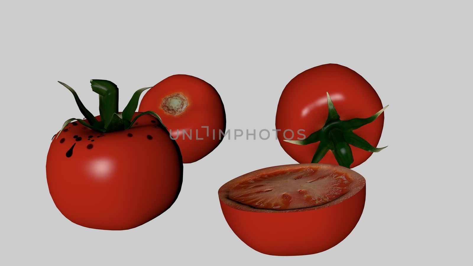 Red fresh tomatoes and tomato slices isolated on a white background. A background for text and advertisements.