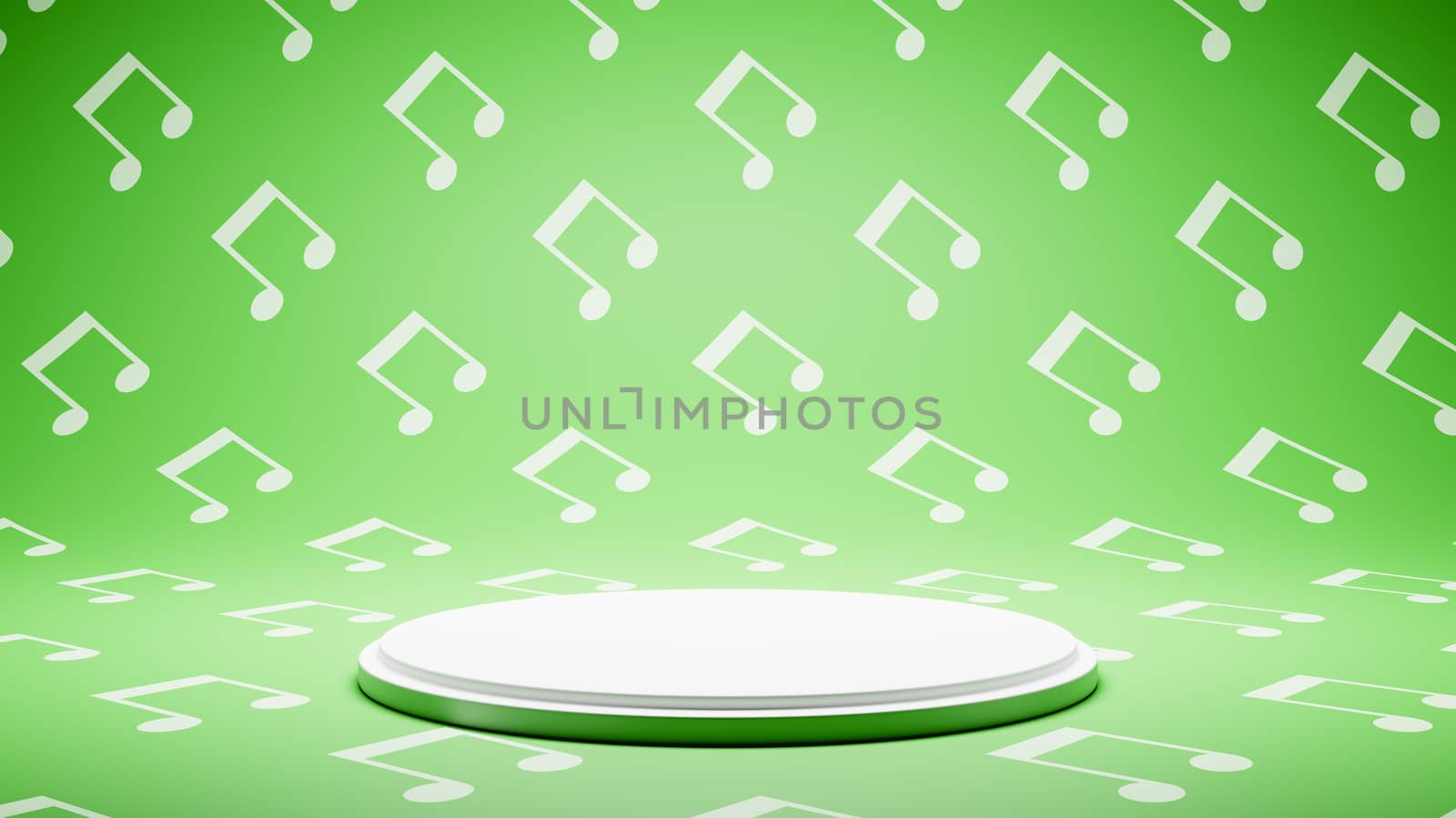 Empty White Platform on White and Green Musical Notes Shape Pattern Studio Background 3D Render Illustration