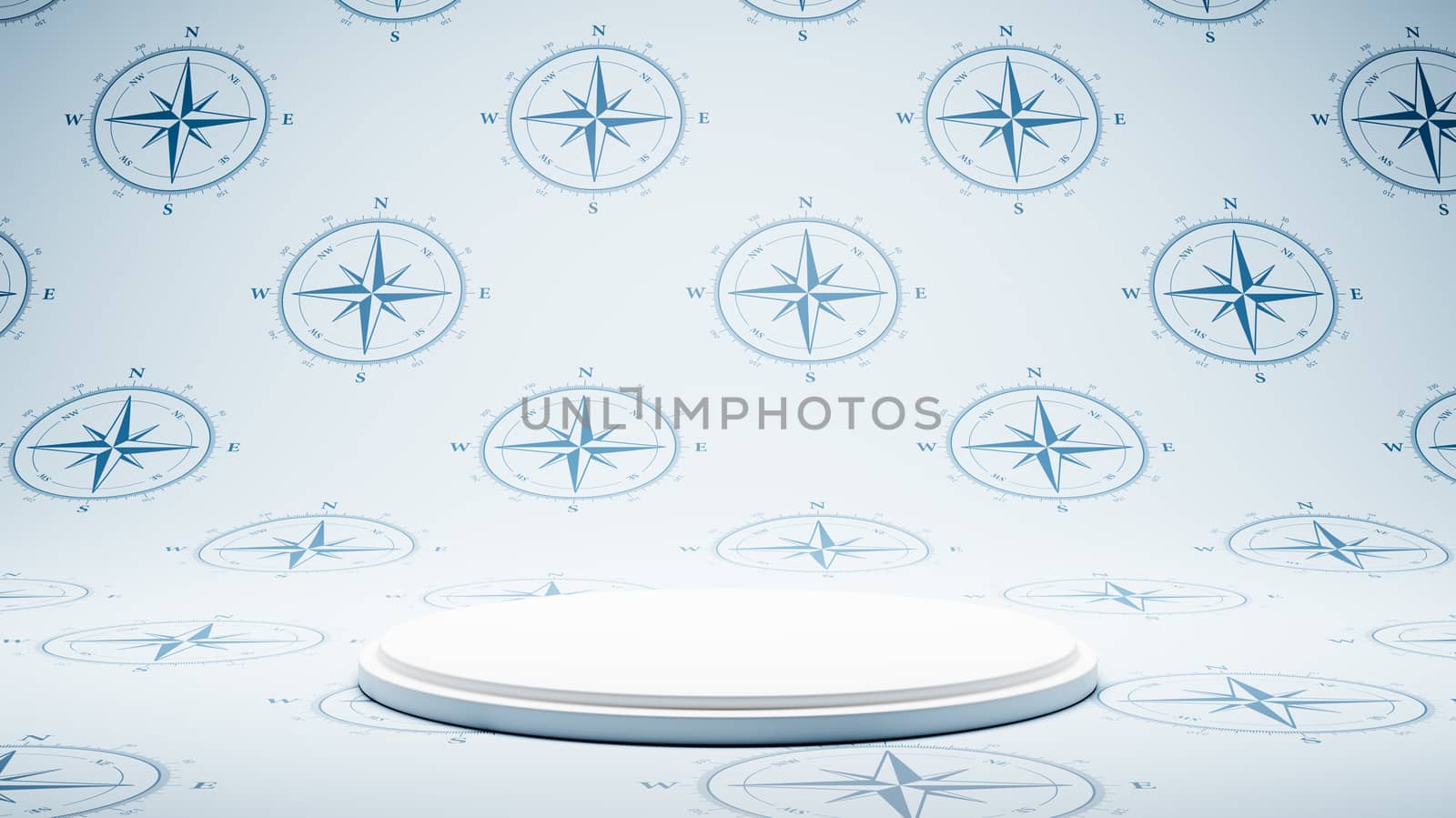 Empty White Platform on White and Blue Compass Pattern Studio Background 3D Render Illustration