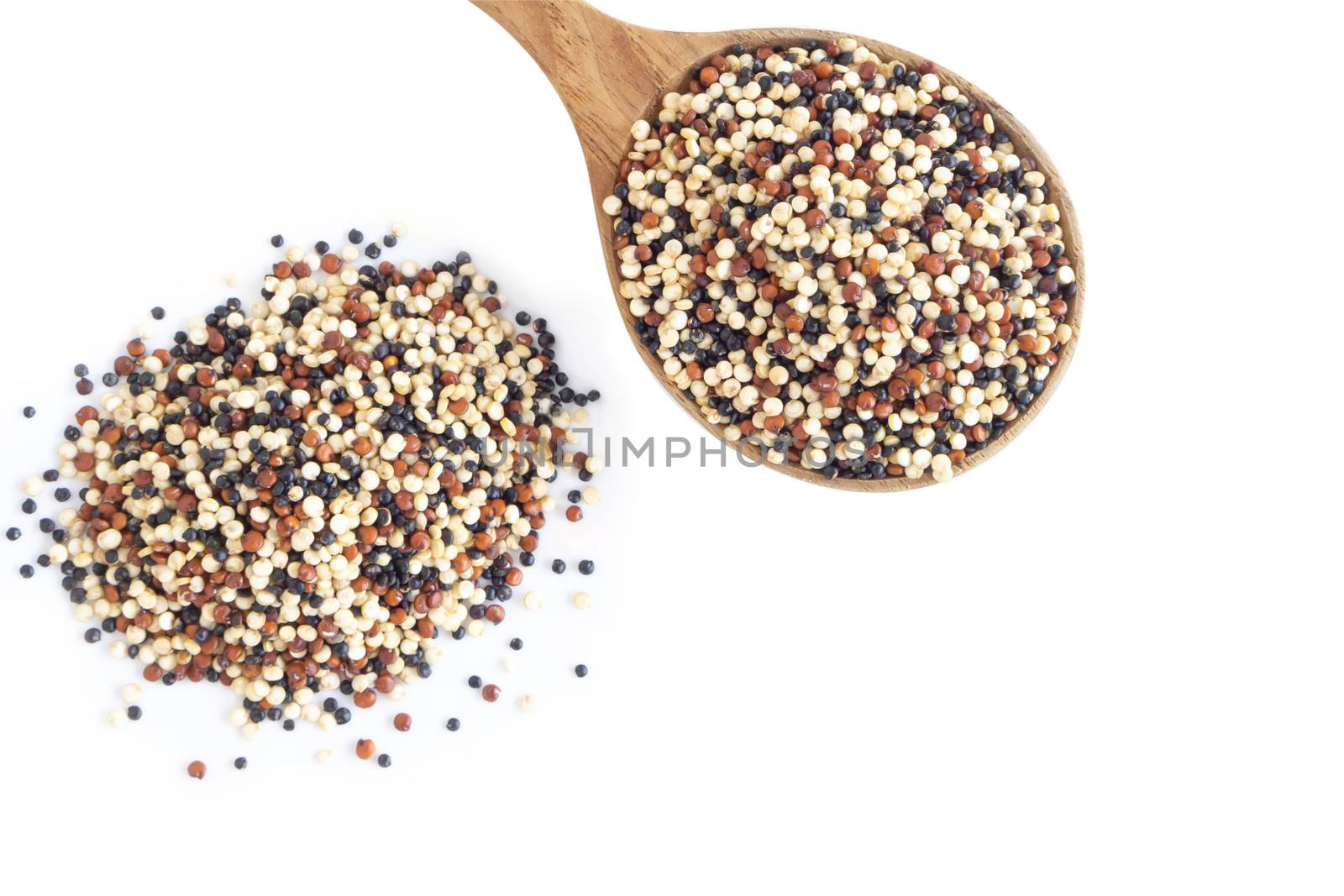 Quinoa in wooden spoon isolated on white background, health care concept
