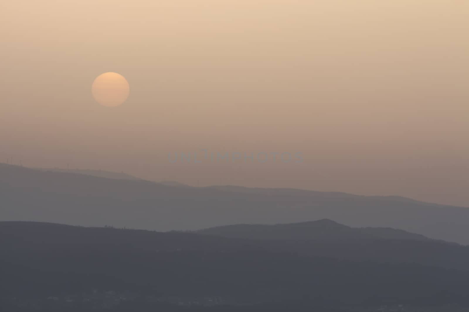 Golden sunset over the horizon . Copy space.