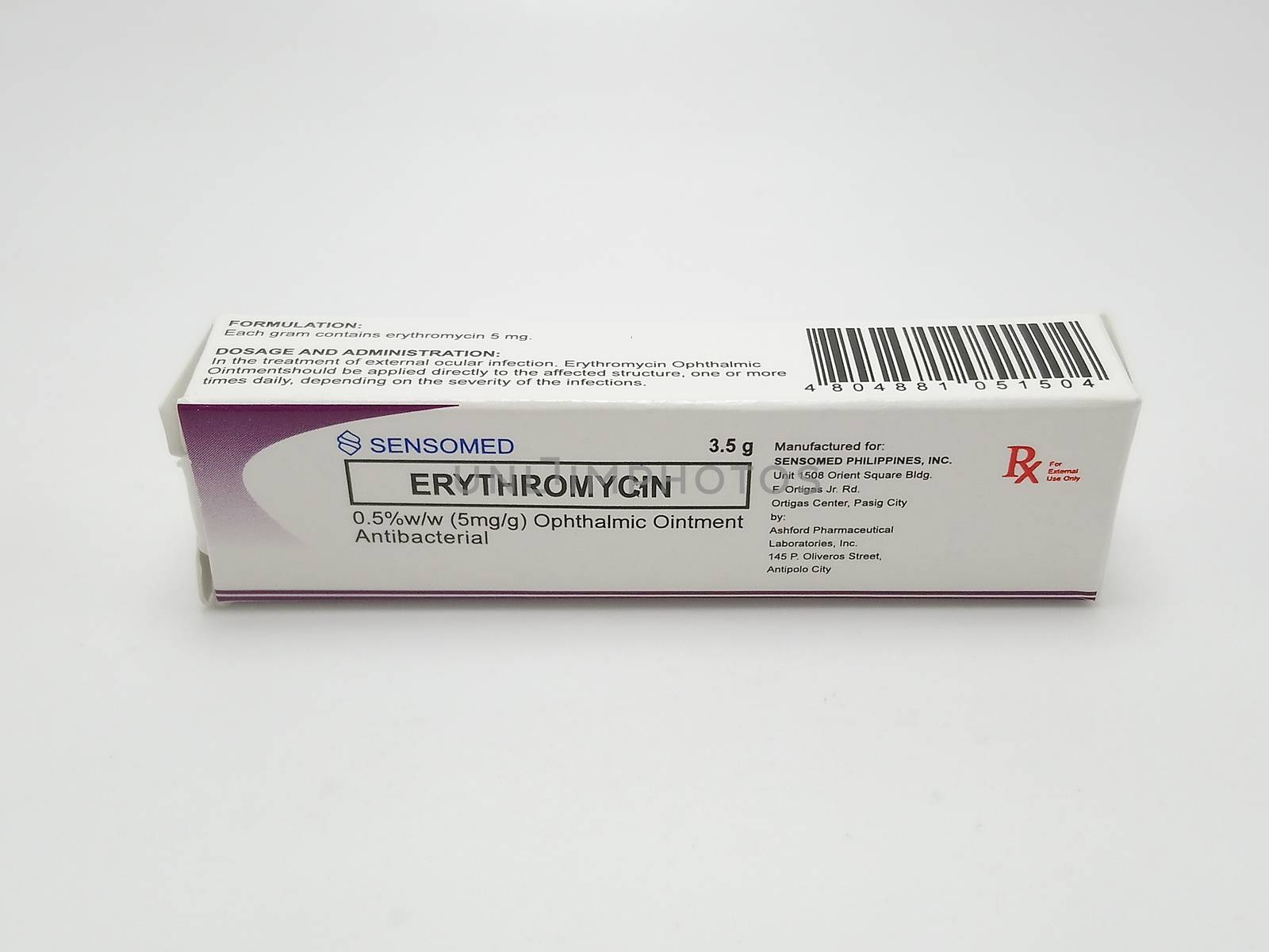 MANILA, PH - SEPT 25 - Sensomed erythromycin ointment box on September 25, 2020 in Manila, Philippines.