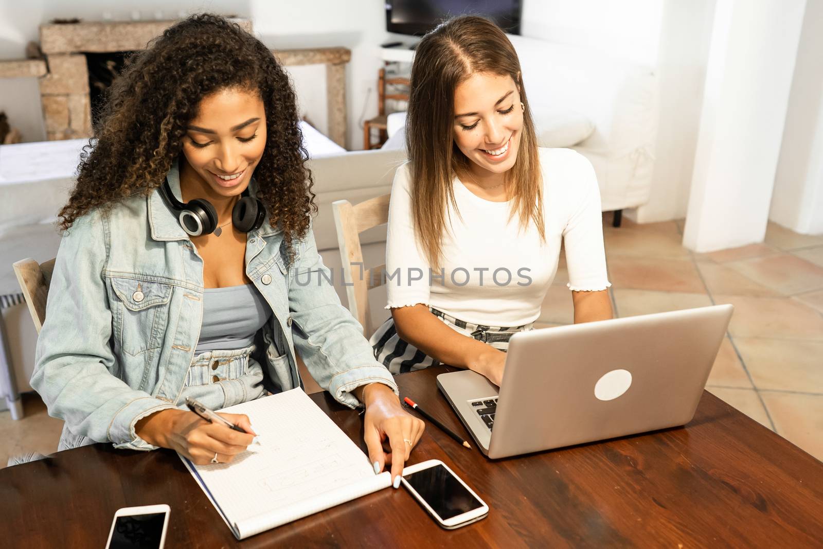 Work from home to reinvent your life: two young multiethnic female friends using laptop and taking notes from internet in living room - Women's new jobs with technology and communication by robbyfontanesi