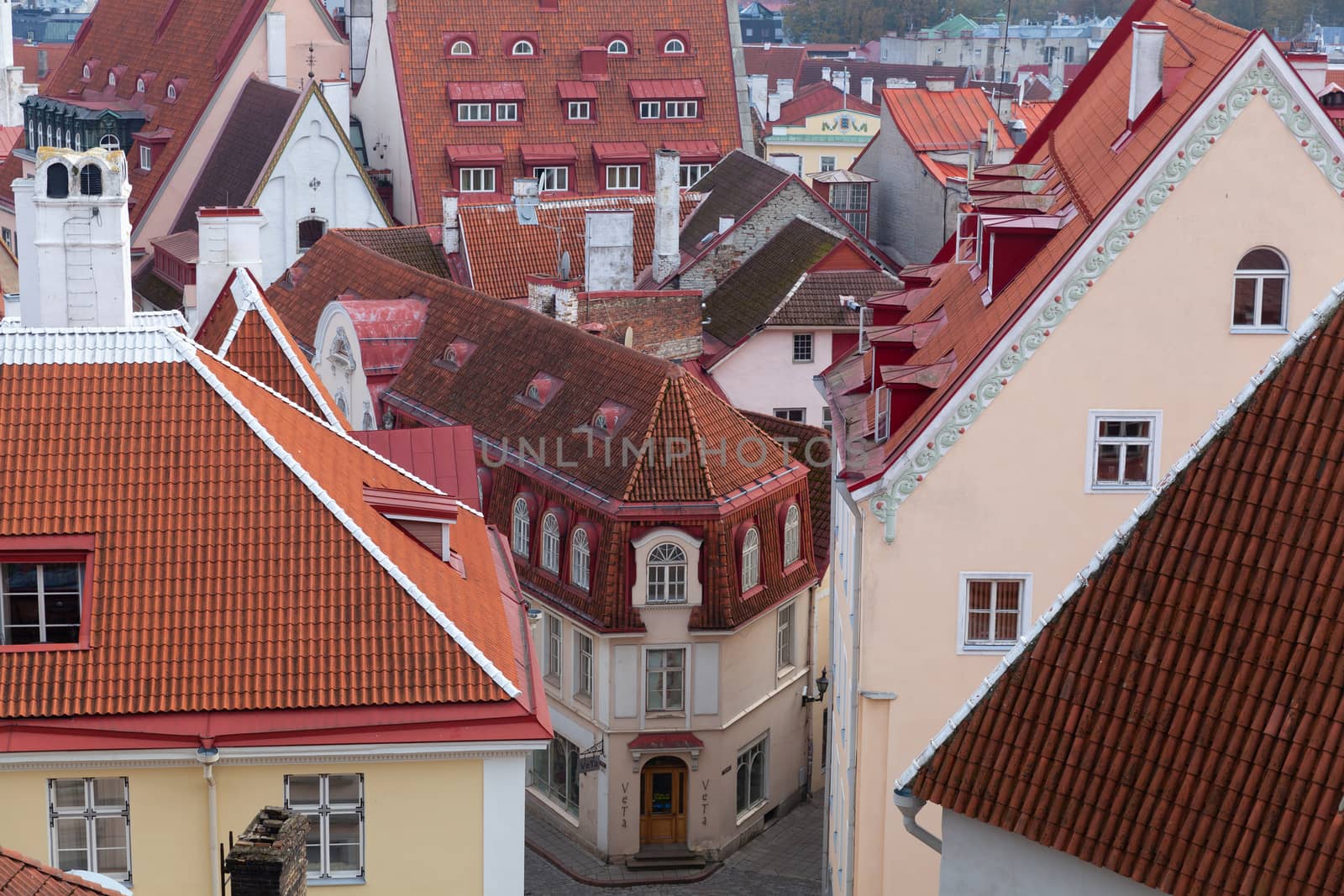 Tallinn, Estonia - October 2018: Old town view from Kohtuotsa to the corner of Pikk and Voorimehe streets by day