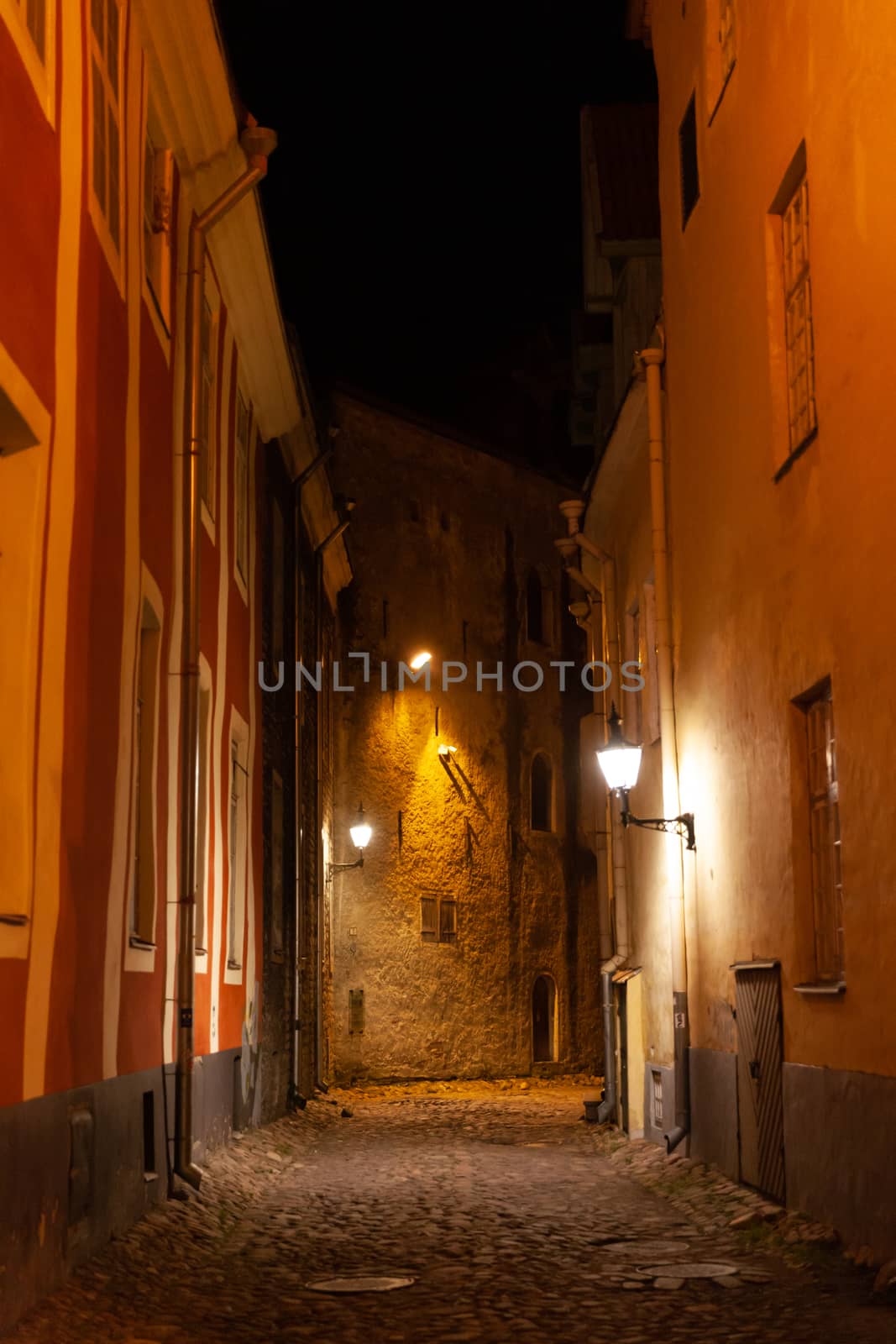 Tallinn, Estonia - October 2018: Tallinn old town, Rahukohtu street at night