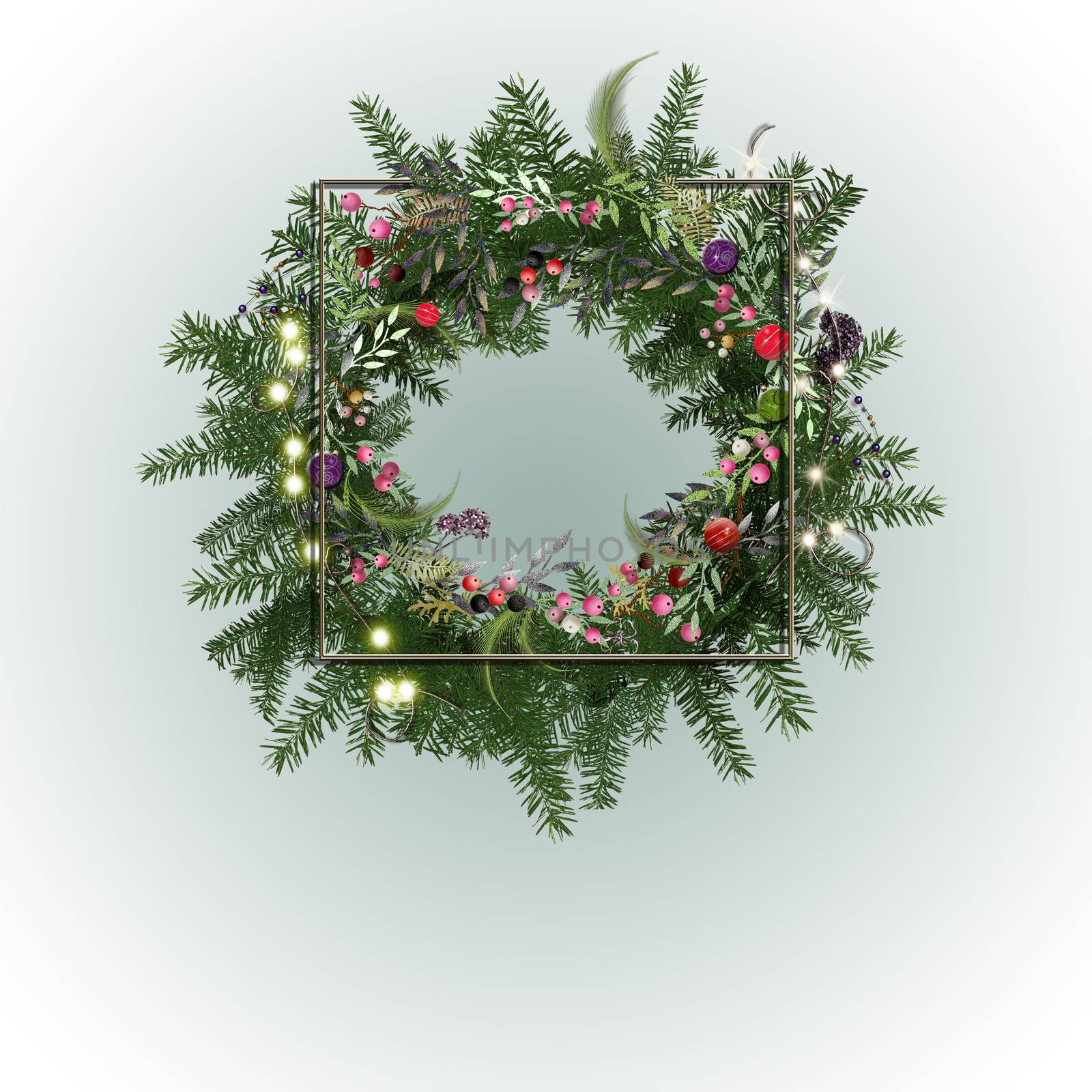 Christmas wreath with floral design and Christmas balls on pastel background. 3D illustration. VIntage style holiday floral