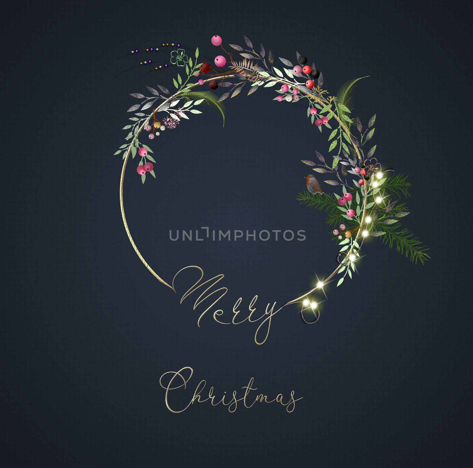 Magic abstract 3D Illustration of floral Christmas wreath. Gold text Merry Christmas.