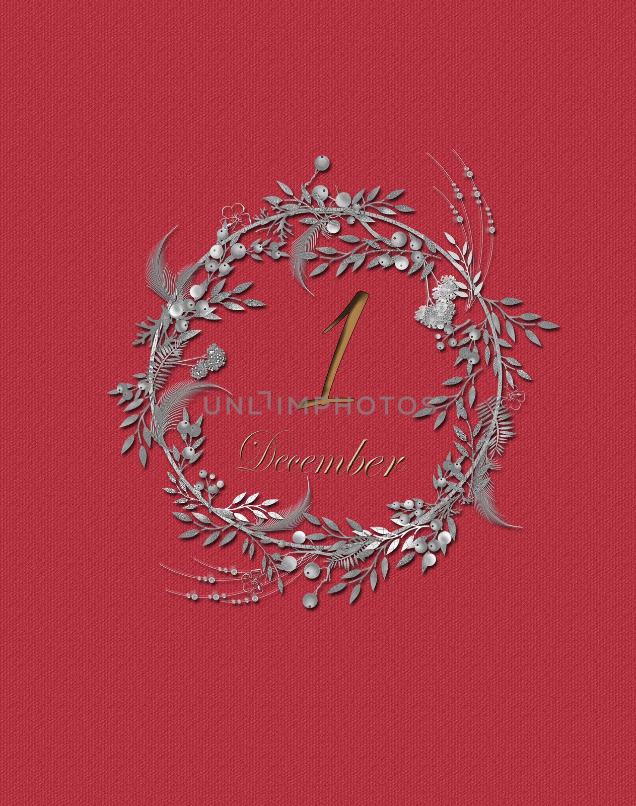 Minimalist festive Christmas Wreath design in silver colour and text 1 December on red background. 3D illustration