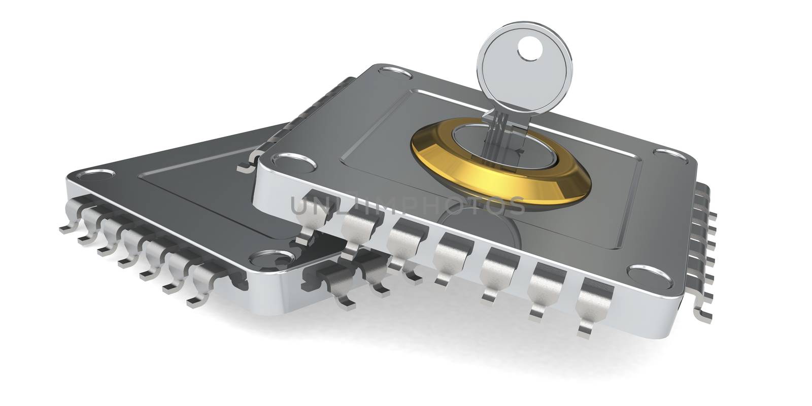 Key and computer microchip isolated, 3D rendering