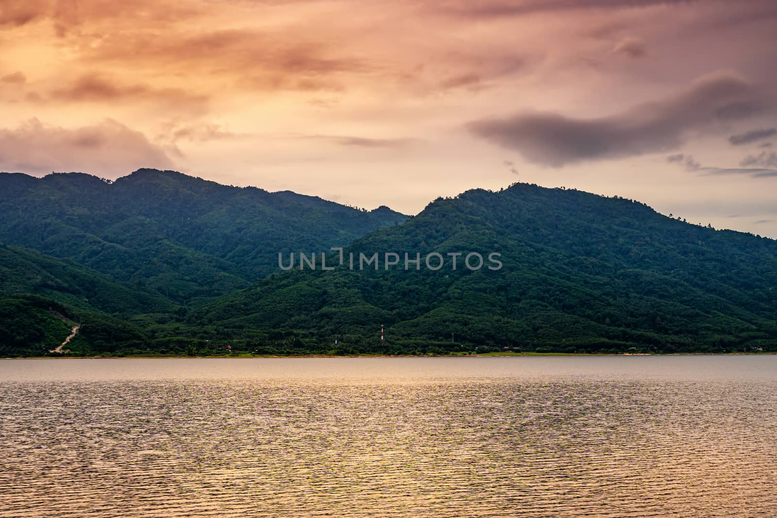 View of landscape nature and river with mountain and color of sunlight in twilight